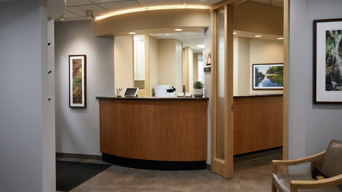 Reception desk where patients are welcomed at Blue Bird Dental in Kamloops