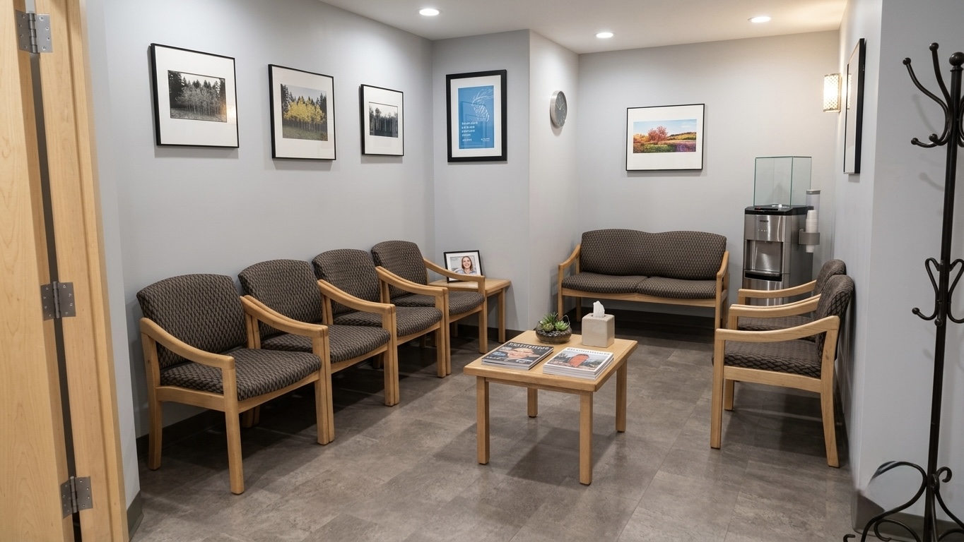 Comfortable patient waiting room at Blue Bird Dental in Kamloops