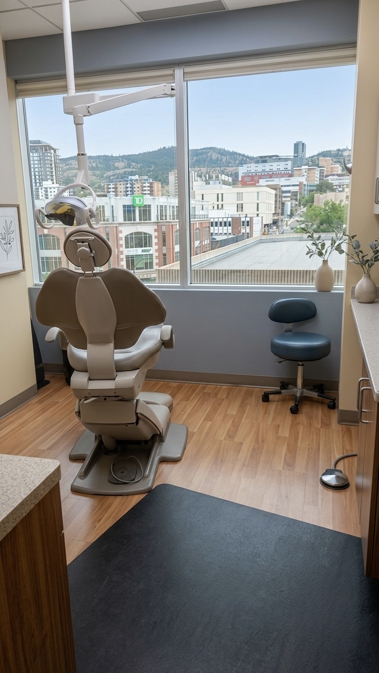 Bright dental treatment room at Blue Bird Dental overlooking downtown Kamloops